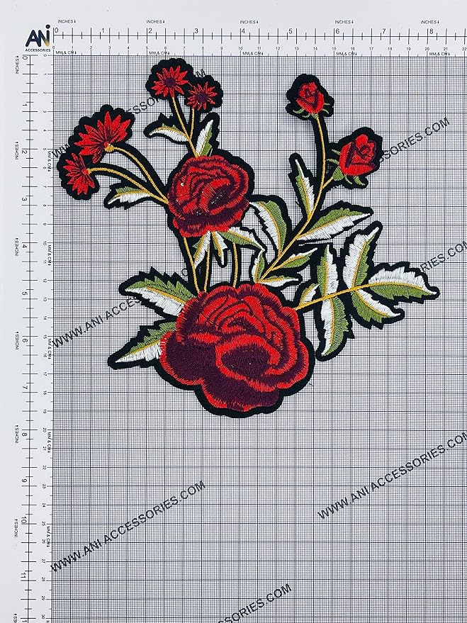 Ani Accessories Rose Bunch Flower Heat Transfer Patch for Apparel Decoration featuring vibrant red roses and green leaves