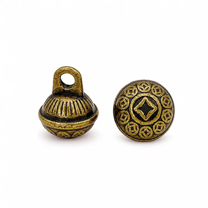 ANI Accessories antique gold dome button side view showing the round shank loop beside the coin motif front with white color background 