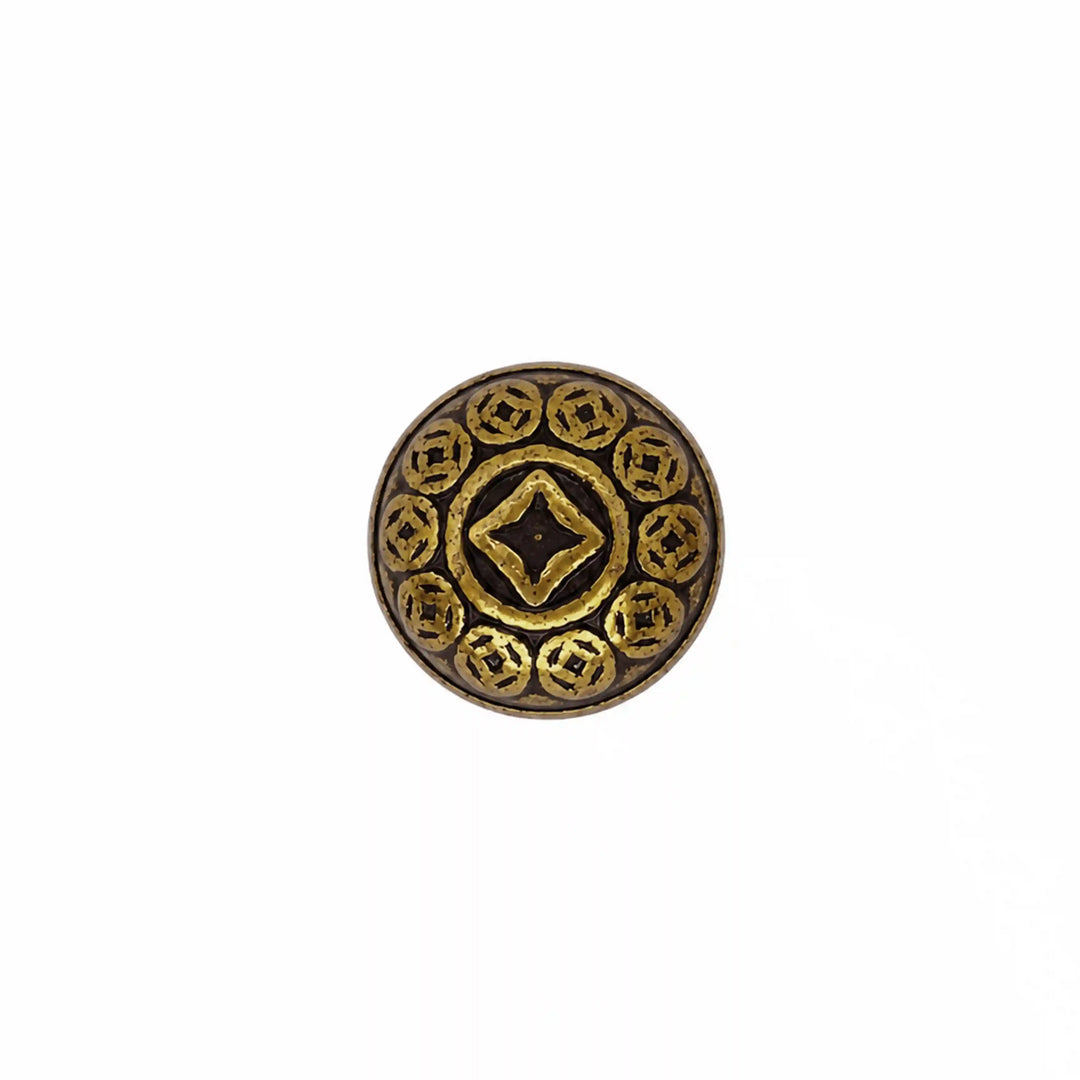 ANI Accessories antique gold dome button with ring of coin motifs around a centre star, front view on white Background 