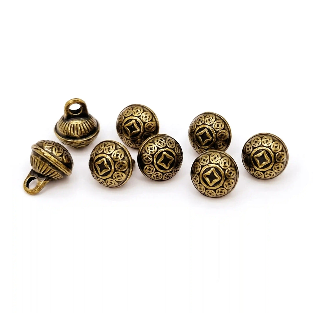 ANI Accessories set of 8 antique gold coin motif dome shank buttons on white, some tilted to show the shank loop with white color background 