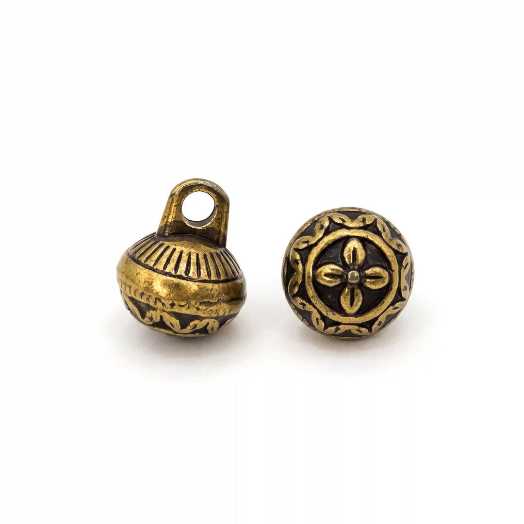ANI Accessories antique gold flower dome button side view with round shank loop beside the four-petal front with white color background 