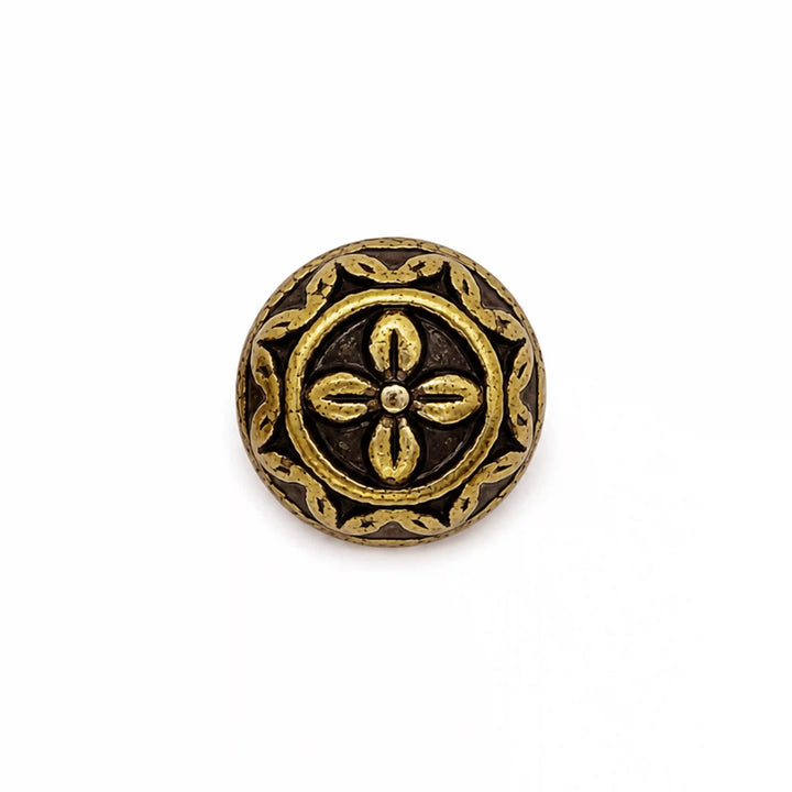 ANI Accessories antique gold dome button with four-petal flower centre and scalloped leaf border, front view with white color background 