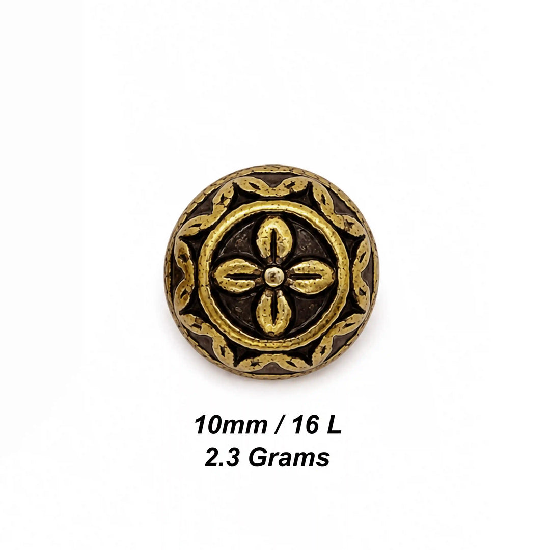 ANI Accessories antique gold four-petal flower dome shank button size chart: 10 mm (16 L) and 2.3 grams weight With white color background 
