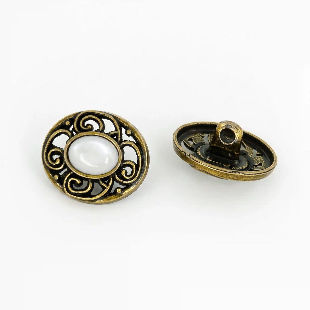 ANI Accessories antique gold scroll button front view beside side view showing the back shank for sewing, on white background 