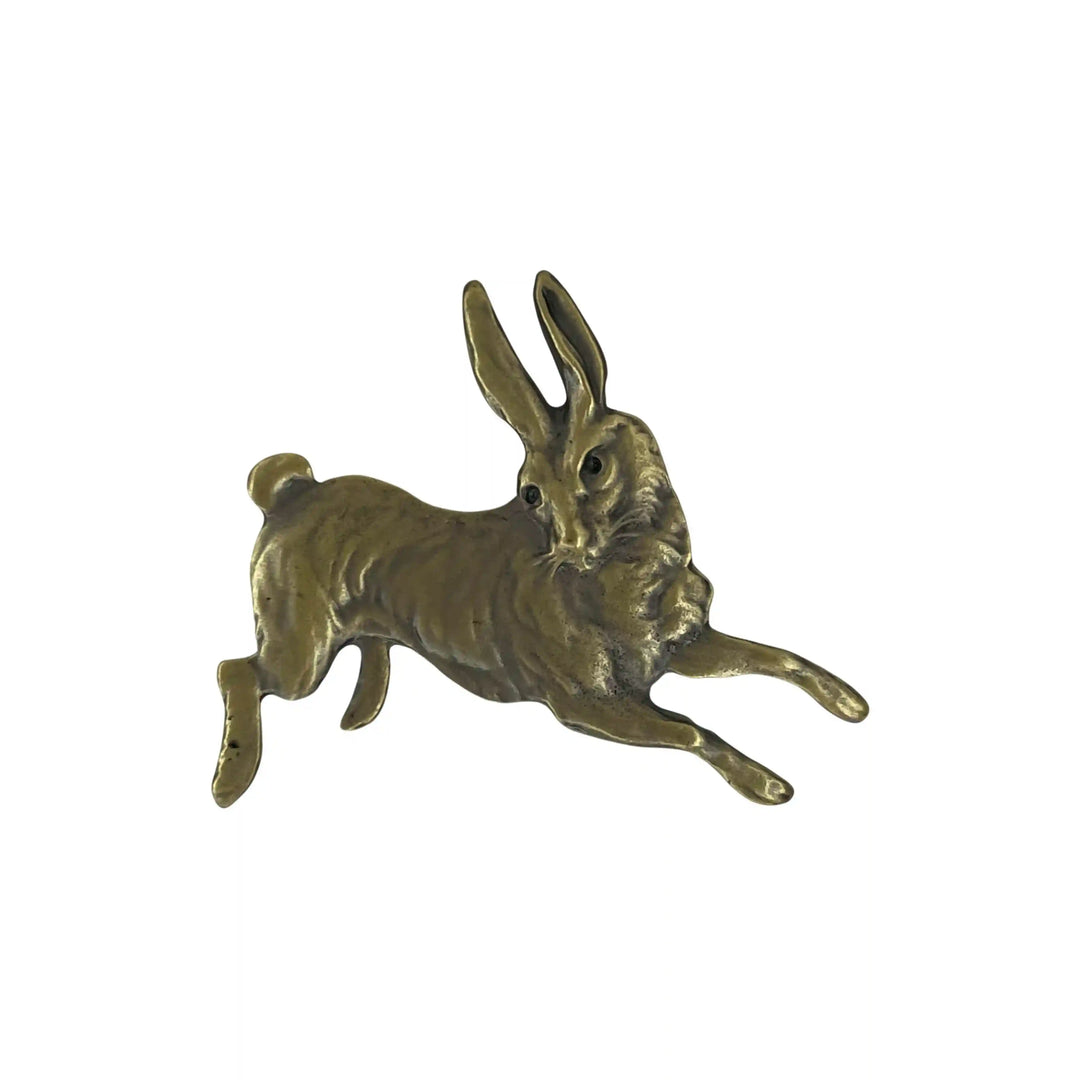 ANI Accessories antique gold rabbit brooch in a mid-jump pose, on white color background