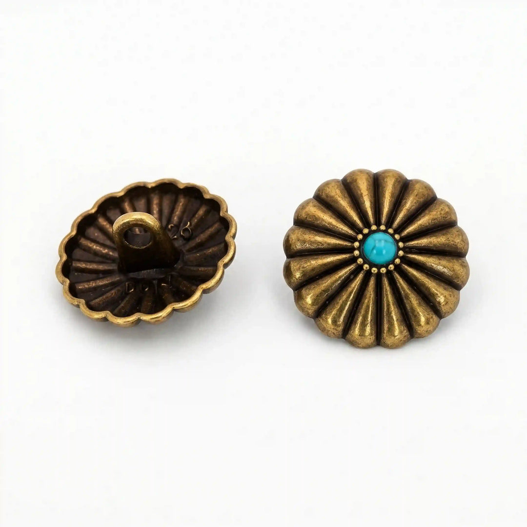 ANI Accessories antique gold sunburst metal button with turquoise centre, back view with shank beside front view on white Background 