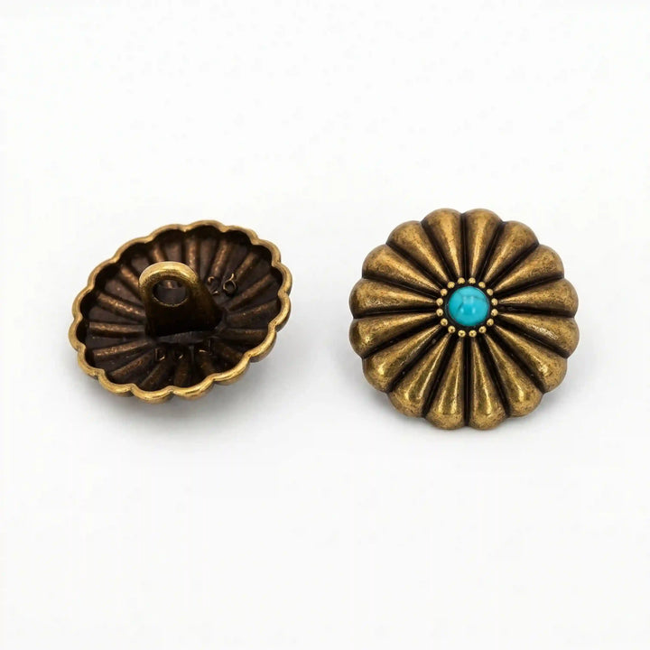 ANI Accessories antique gold sunburst metal button with turquoise centre, back view with shank beside front view on white Background 