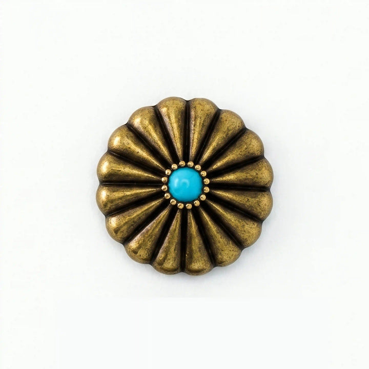 ANI Accessories antique gold sunburst metal button with raised radial ridges and turquoise-blue centre, front view With White color Background 