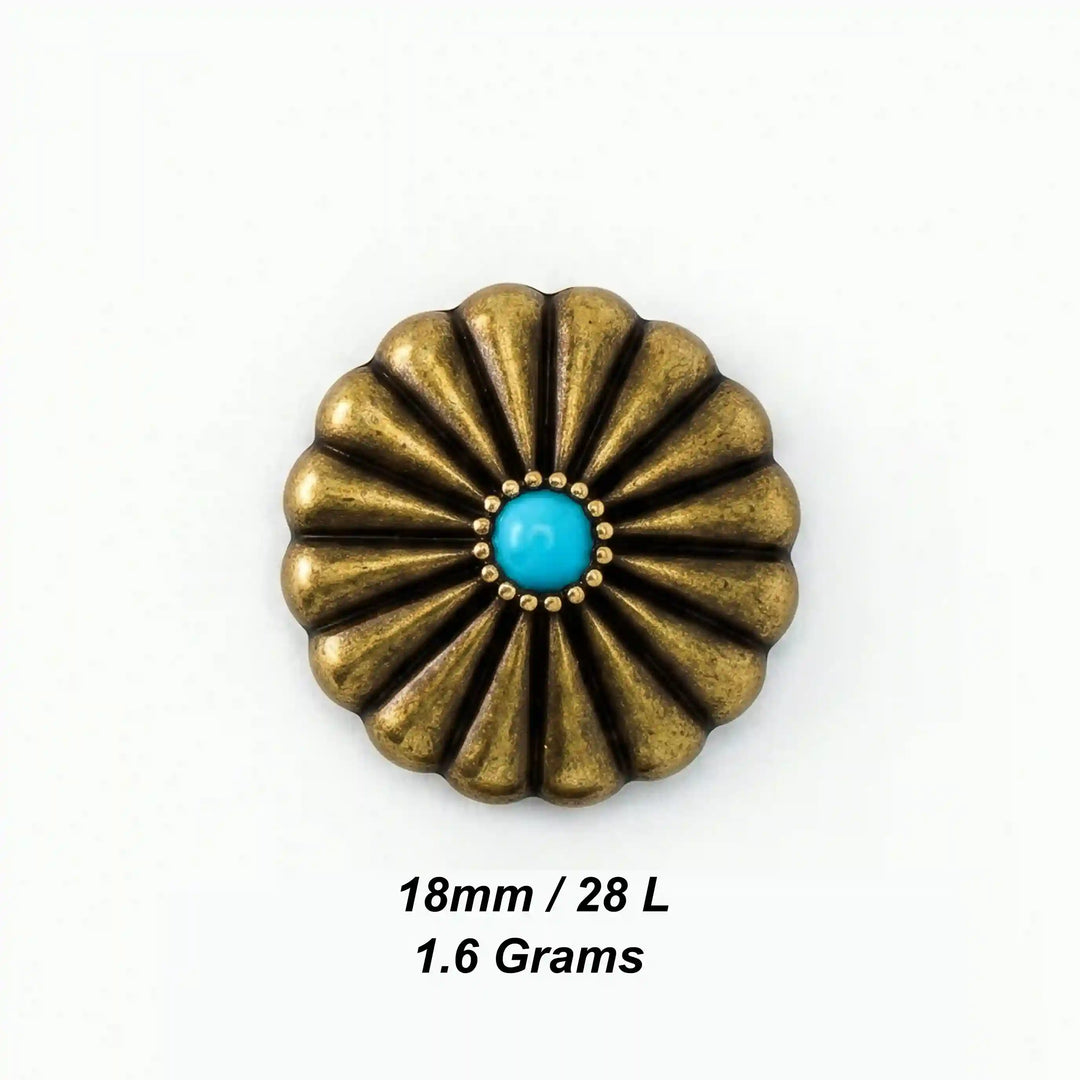 ANI Accessories antique gold sunburst turquoise metal button size chart: 19 mm (30 L) and 1.6 grams weight color Background 