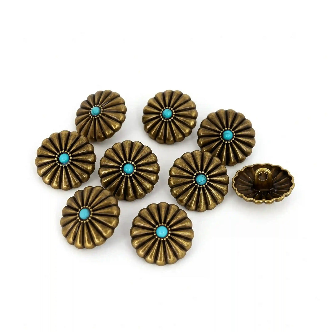 ANI Accessories set of antique gold sunburst metal buttons with turquoise centres on white, one tilted to show shank Button with white color background 