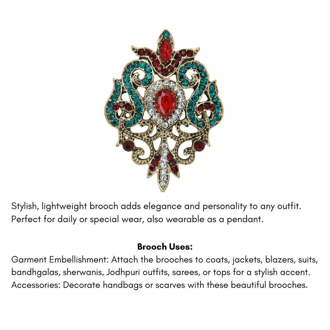 ANI Accessories baroque revival brooch with a list of uses on sarees, suits, sherwanis and bags 