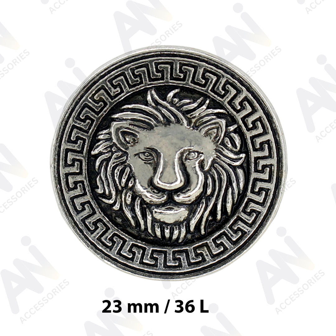 Silver Lion Head Button with Greek Key Border