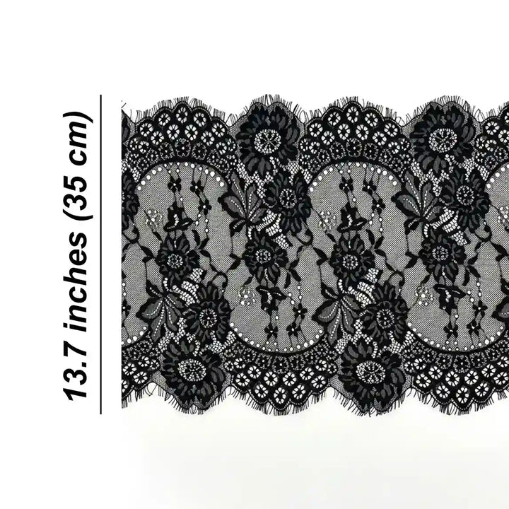 ANI Accessories black Chantilly lace size chart showing 13.7 inch (35 cm) width with white color background 