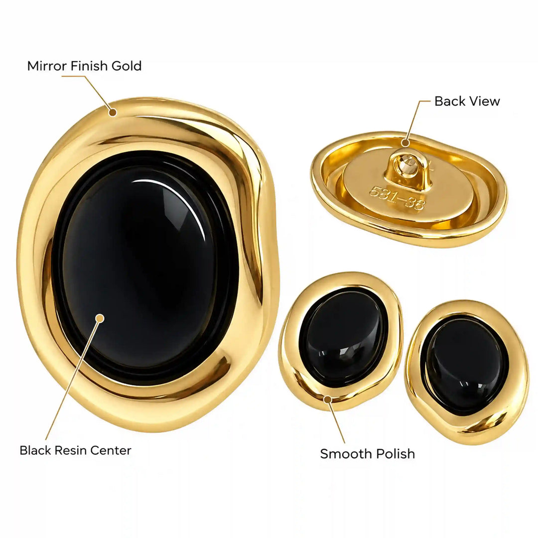 ANI Accessories black enamel button with mirror finish gold frame and shank back with white color background 
