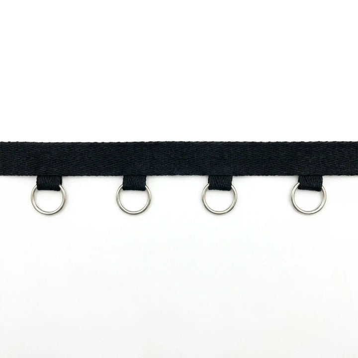ANI Accessories black eyelet tape with hanging rings laid flat with white color background 
