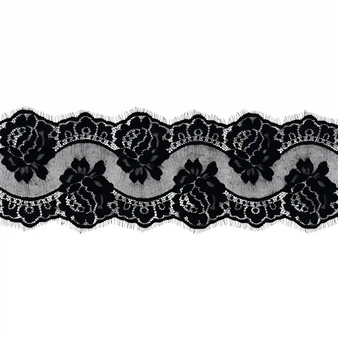 ANI Accessories black French lace with roses and eyelash scallops laid flat 