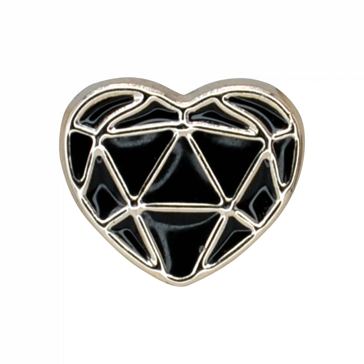 ANI Accessories heart-shaped geometric lapel pin in black enamel with silver triangle lines, front view with white color background 