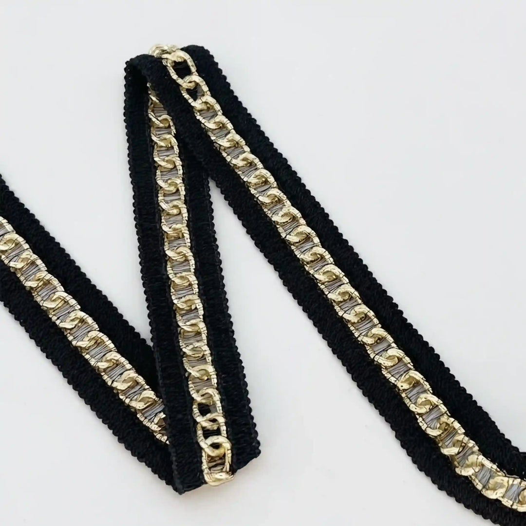 ANI Accessories black and gold lace for saree held in hand next to the roll with white color Background 