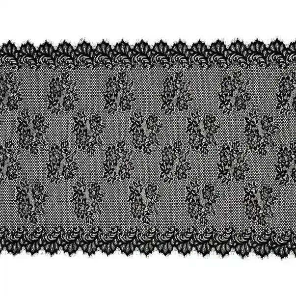 ANI Accessories black lace fabric with floral bouquets laid flat 