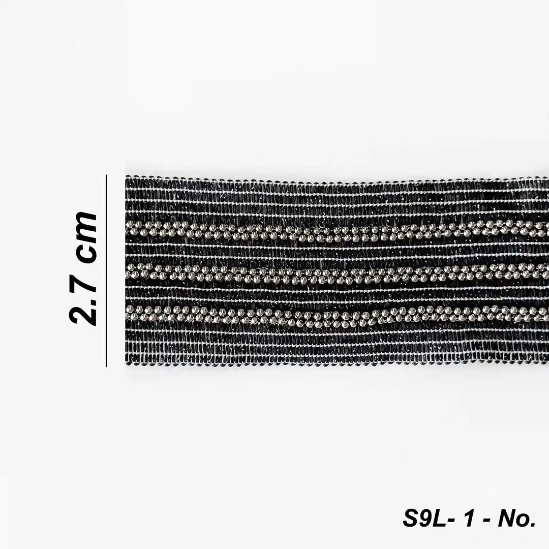 ANI Accessories black and silver beaded trim size chart showing 2.7 cm width with white color background
