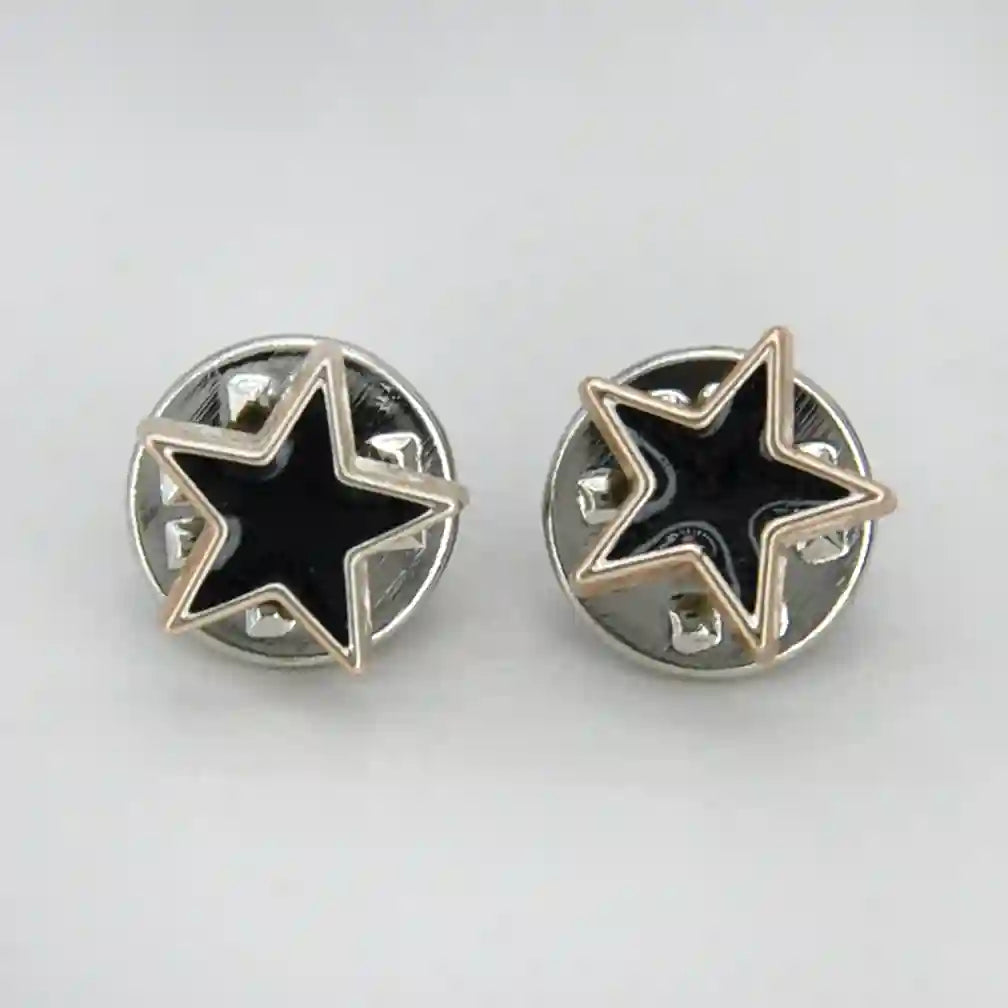 ANI Accessories black star lapel pins with silver outline on butterfly clutches with white color background 
