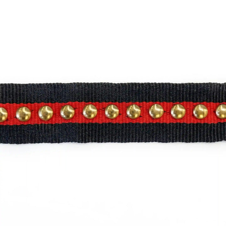 ANI Accessories black studded ribbon held in hand to show the gold studs with white color background 