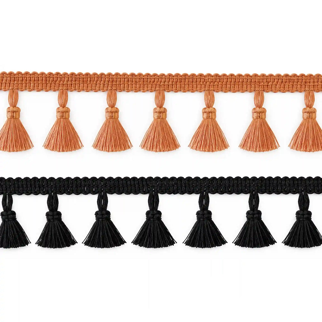 ANI Accessories black tassel lace with cotton latkans and braided border, laid flat with white color background 