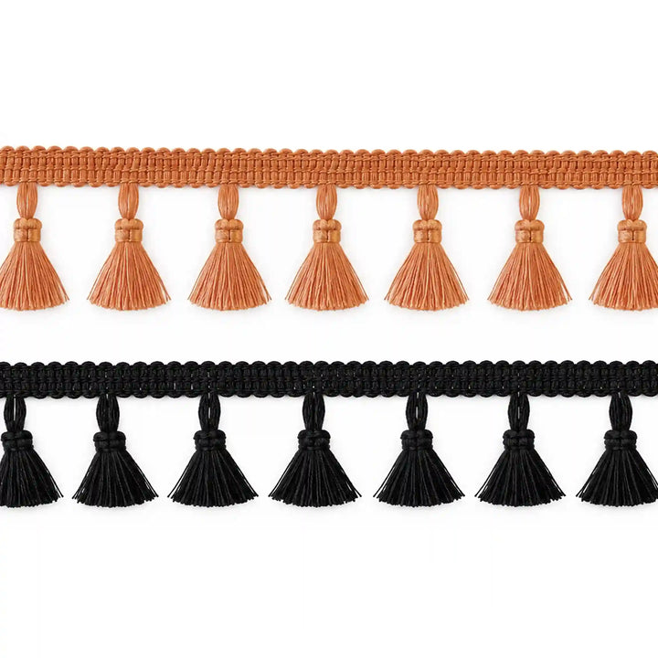 ANI Accessories black tassel lace with cotton latkans and braided border, laid flat with white color background 