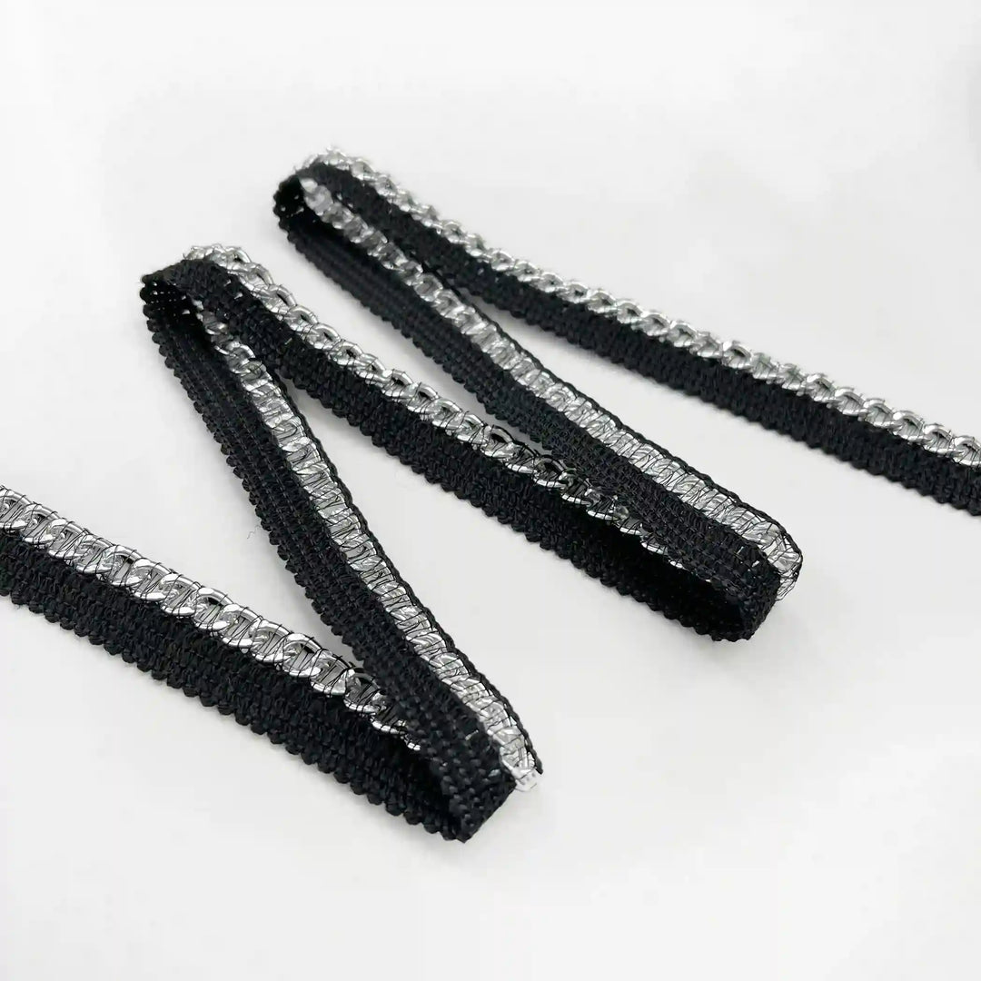 ANI Accessories black thin lace with silver chain folded in a zigzag with white color background 