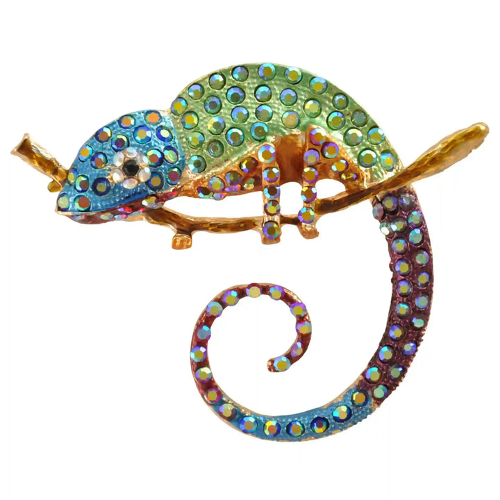 Blue chameleon brooch with green body and purple rainbow tail with white color background 