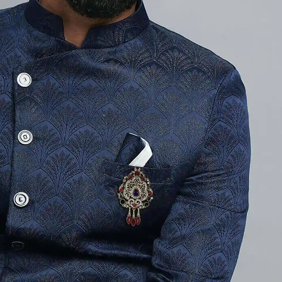 ANI Accessories blue stone brooch for men on the chest of a royal blue jodhpuri suit