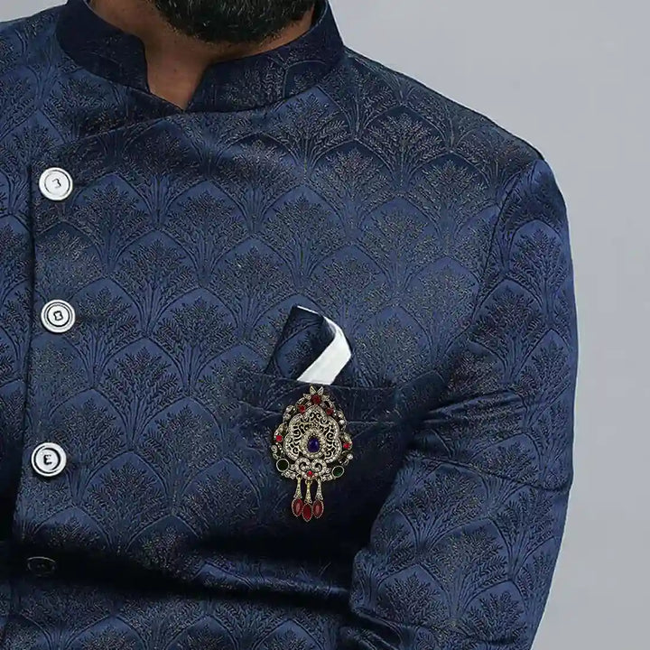 ANI Accessories blue stone brooch for men on the chest of a royal blue jodhpuri suit