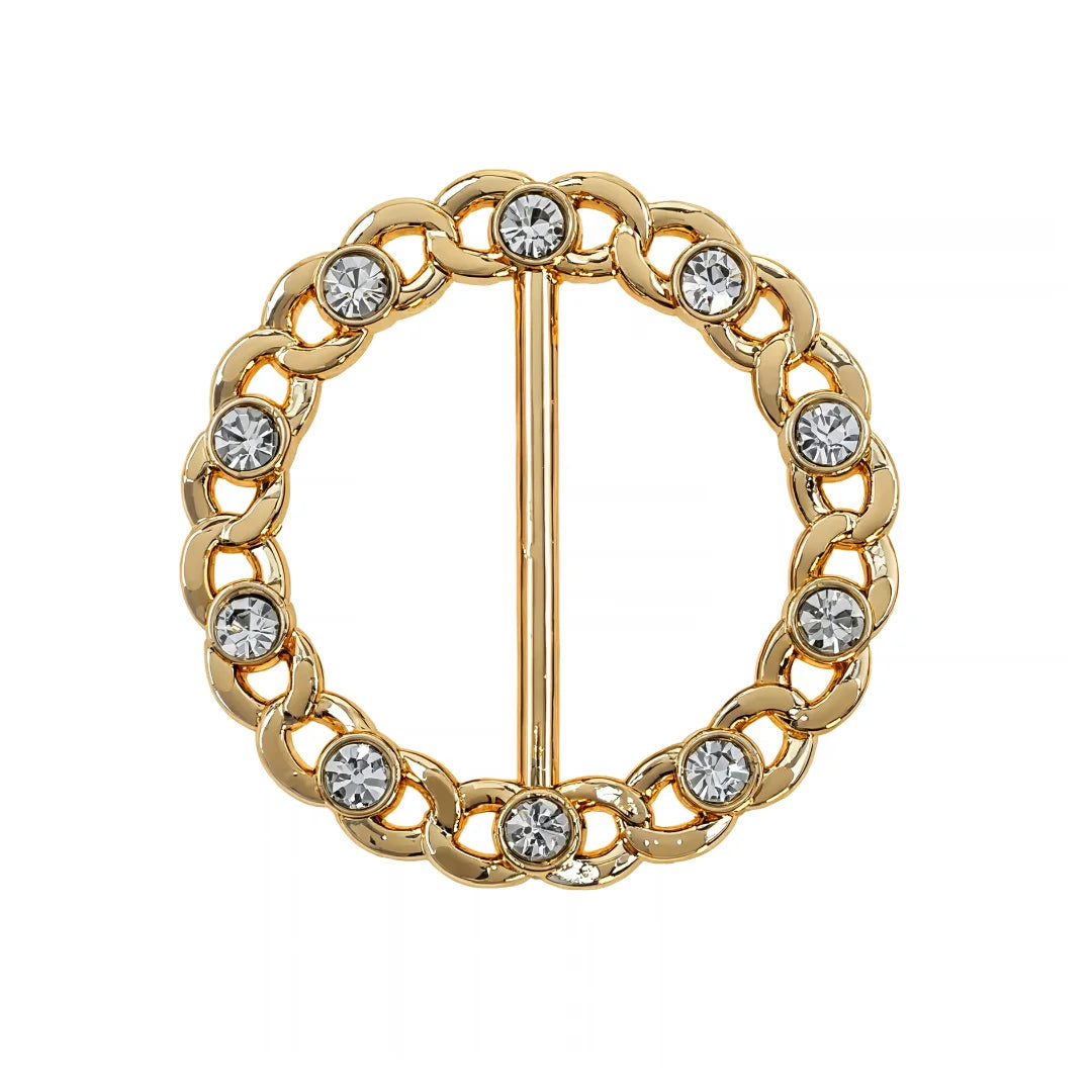 ANI Accessories round gold chain link belt buckle studded with round-cut rhinestones and central bar, front view on white