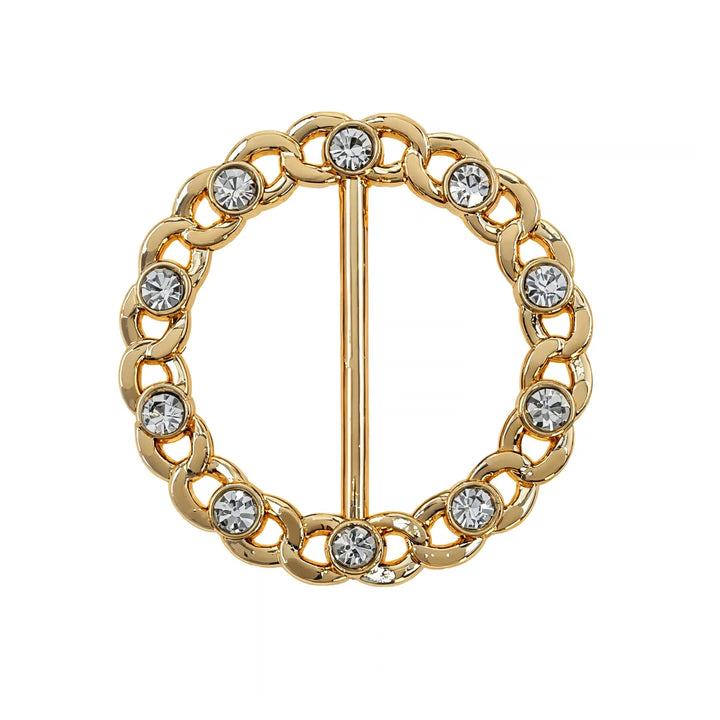 ANI Accessories round gold chain link belt buckle studded with round-cut rhinestones and central bar, front view on white