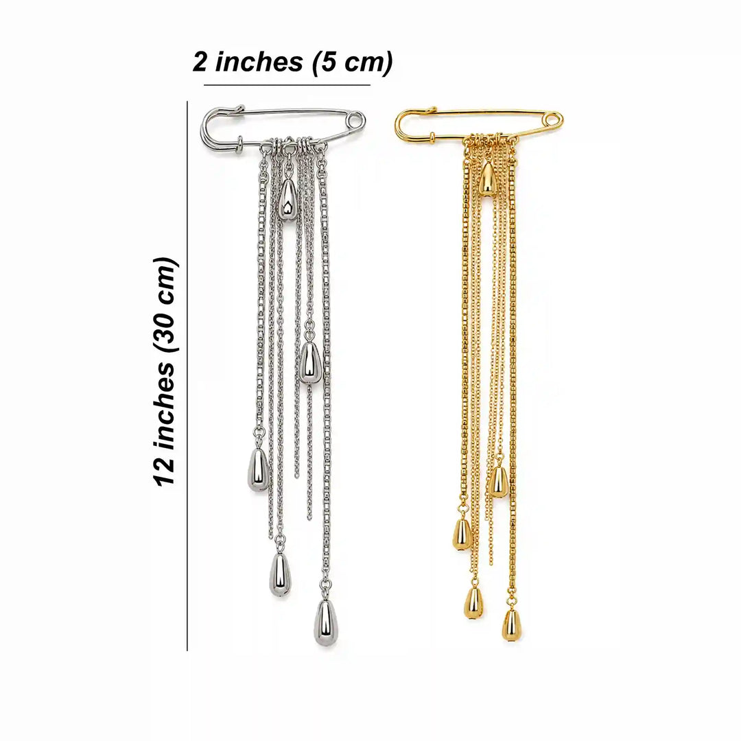 ANI Accessories chain tassel brooch pin size chart: 30 cm (12 inches) long, 5 cm (2 inches) pin with white color background 