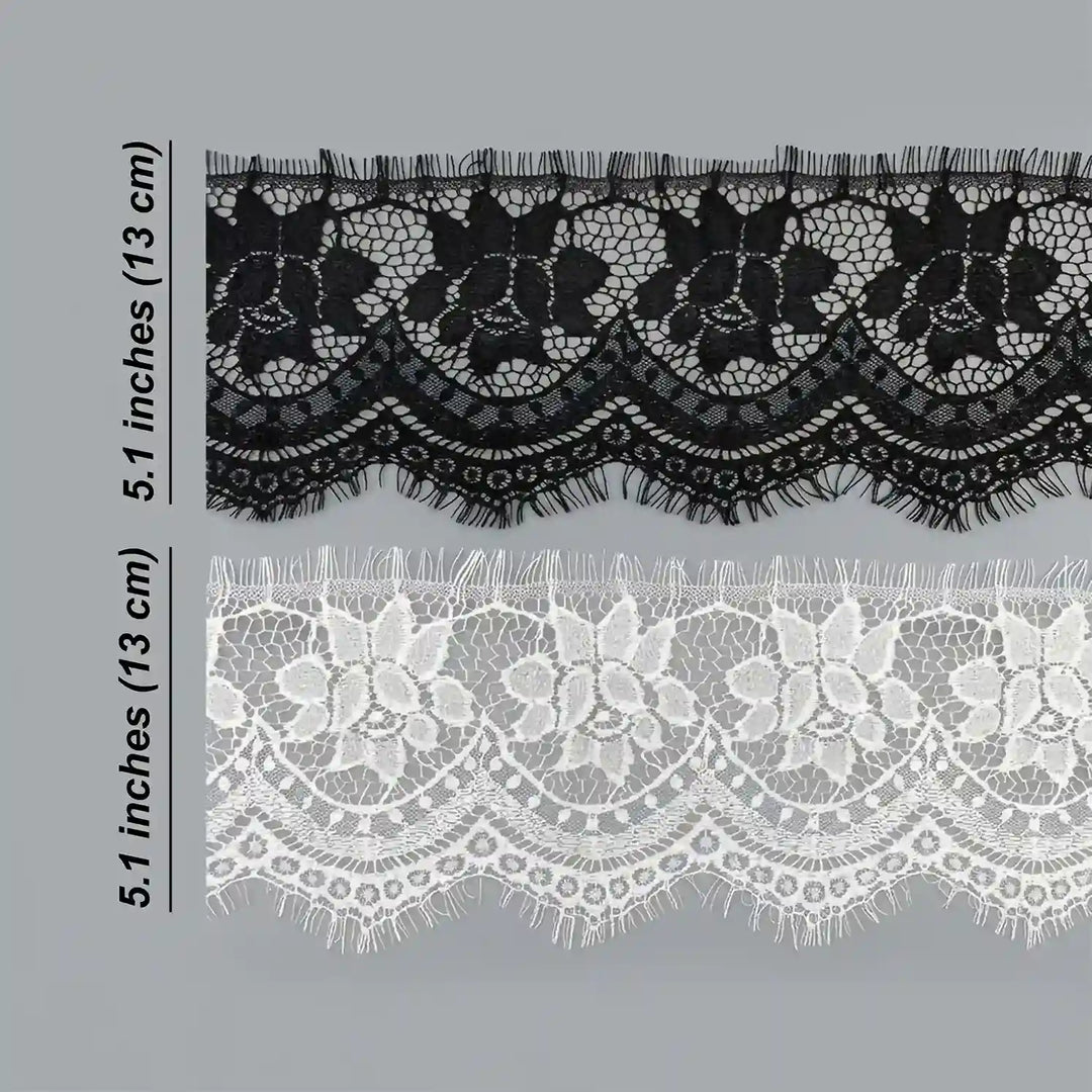 ANI Accessories Chantilly lace trim size chart showing 5.1 inch (13 cm) width in black and white 
