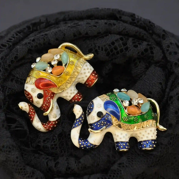 ANI Accessories colourful elephant brooches on black lace 