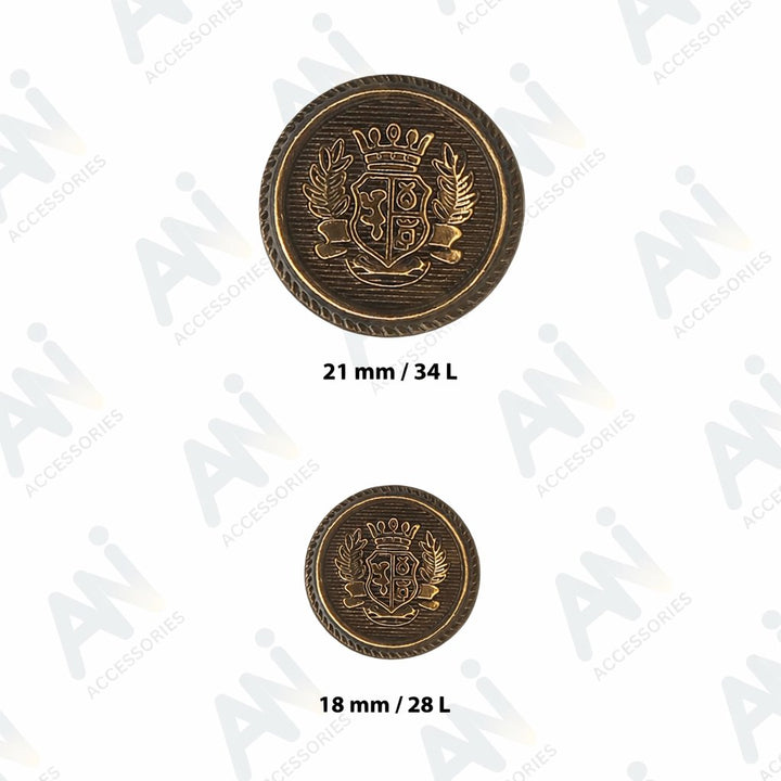 Royal Crest Antique Gold Metal Buttons | 18mm(28L) & 21mm(34L)