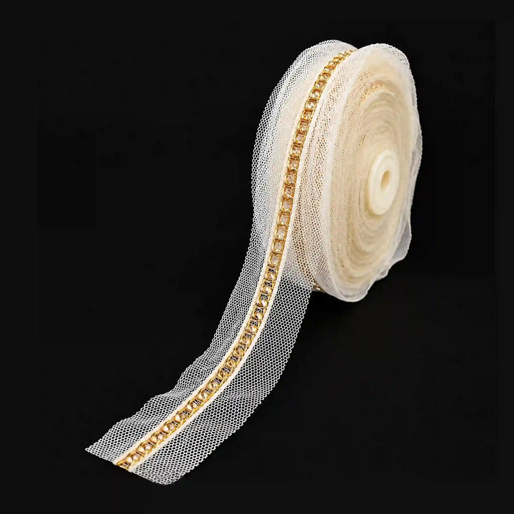 ANI Accessories cream net golden chain lace on a roll, 3.5 cm wide with Black Color Background 
