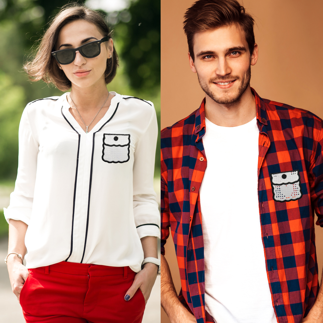 ANI Accessories crochet pocket patch for shirt shown on a woman's white shirt and a man's check shirt 