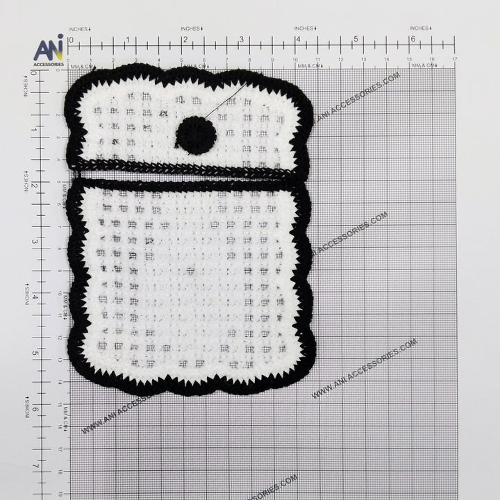 ANI Accessories crochet pocket patch on a measuring grid: about 4.3 inches wide and 5.5 inches hight