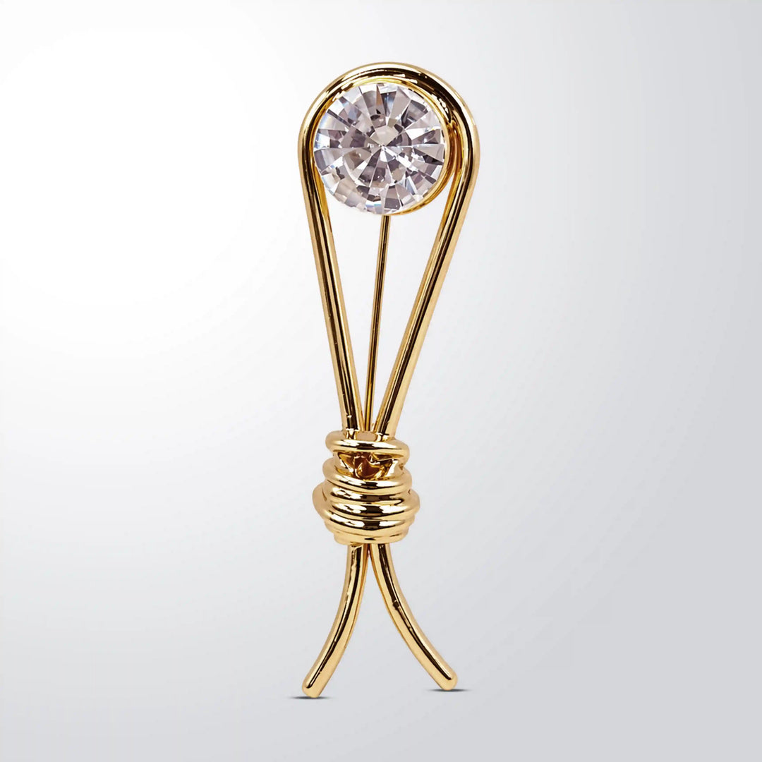 ANI Accessories crystal-encrusted collar pin brooch, gold wire loop with round crystal and knot, on grey 