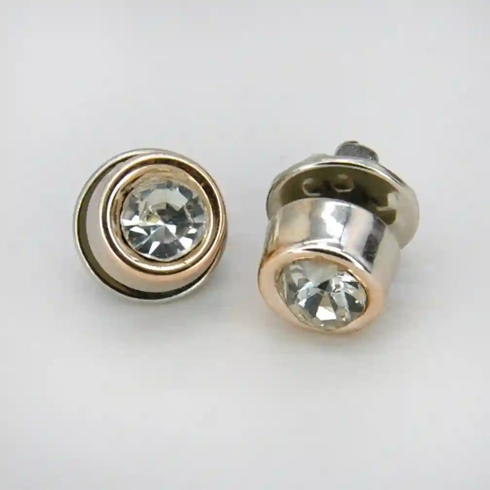 ANI Accessories crystal lapel pin shown from the front and side with its butterfly clutch back 