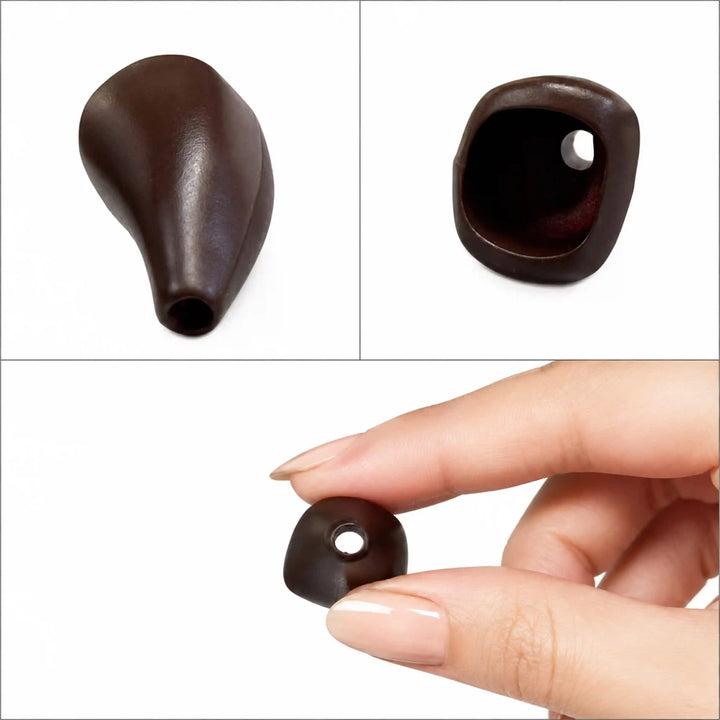 ANI Accessories dark brown bell-shaped cord end cap in three views: top hole, hollow open base and held between fingertips with white color Background 