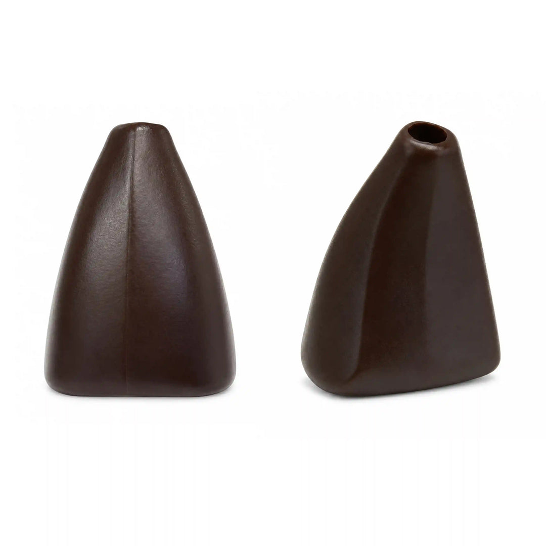 ANI Accessories pair of dark brown bell-shaped cord end caps side by side, front view and angled view of the top hole 
with white color Background 
