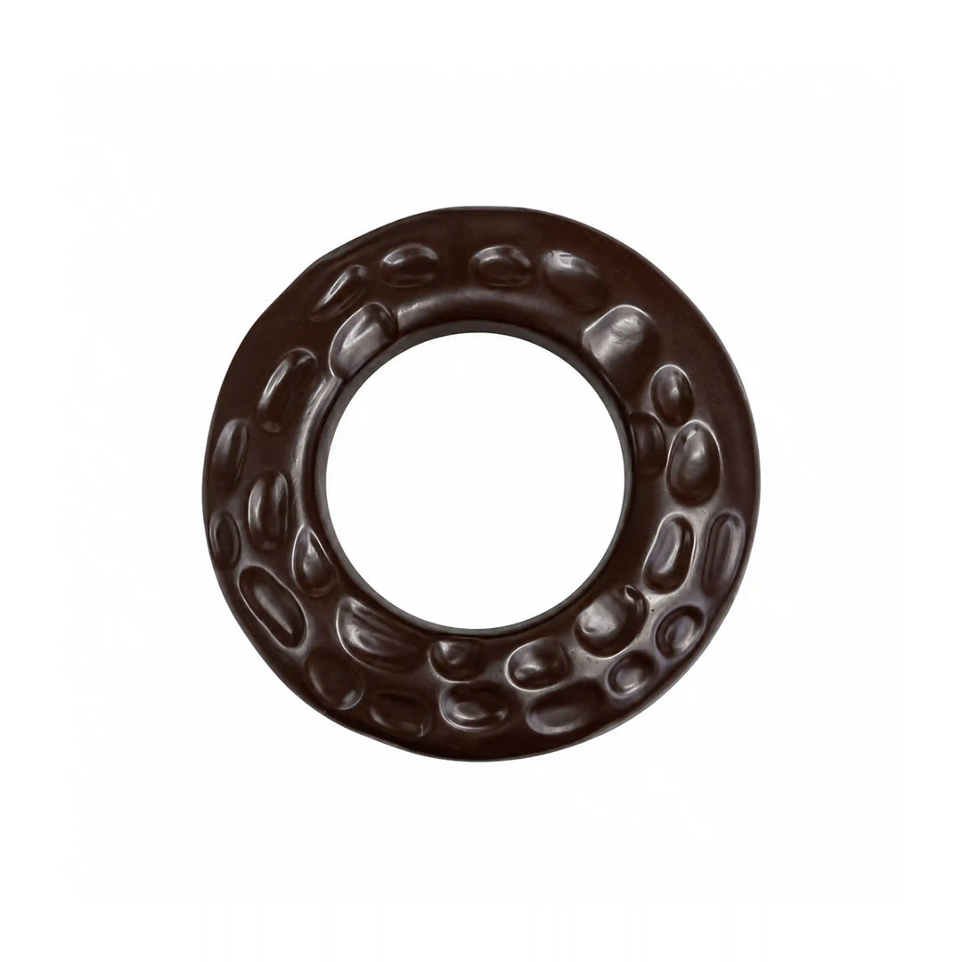 ANI Accessories dark brown hammered O-ring buckle with glossy dimpled texture and round open centre, front view with white color background 