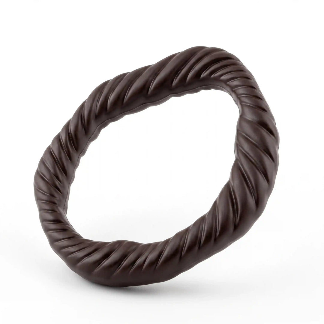 ANI Accessories dark brown twisted rope ring buckle with spiral fluted texture, angled view showing thickness on white background 