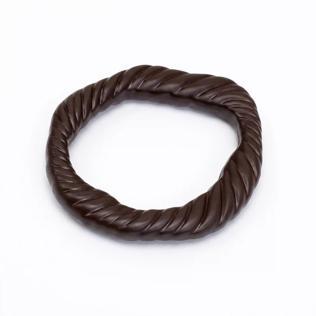 ANI Accessories dark brown twisted rope ring buckle lying flat, low side view of the spiral rope twist on white background 