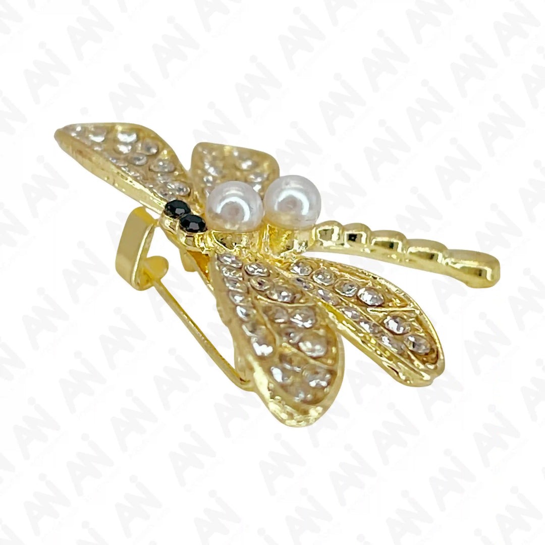 Gold Dragonfly Pearl Brooch with Sparkling Crystals and Elegant Design from Ani Accessories