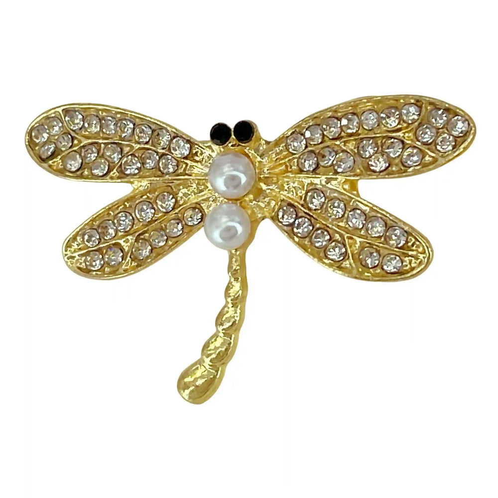 Gold Dragonfly Pearl Brooch adorned with sparkling gems and elegant pearls for a stylish accessory